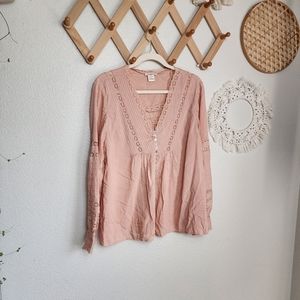 Sundance Eyelet Babydoll Blouse Top Women's M Pink V Neck Long Sleeve Bu…